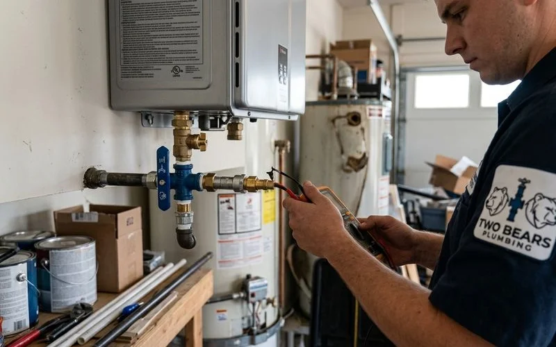 Compact tankless water heater mounted on a garage wall in an Aurora home