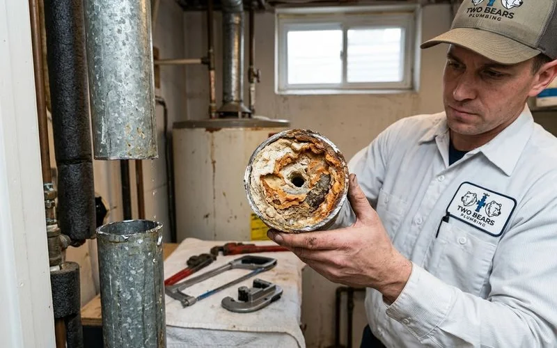 Cross section of galvanized pipe with mineral buildup