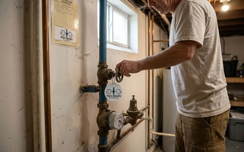 Homeowner turning the main water shut-off valve