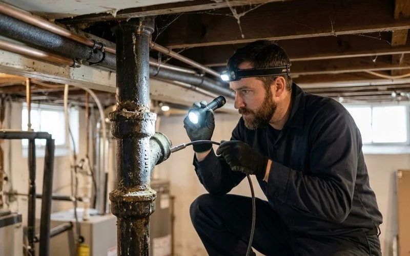 Plumber inspecting old cast iron drain pipe