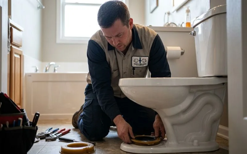 Plumber replacing wax ring seal on toilet base in Aurora home