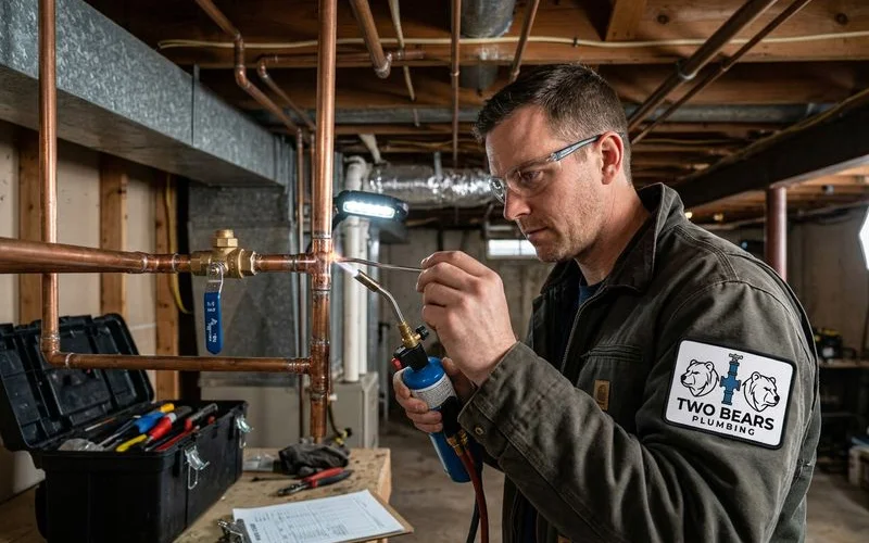 Plumber soldering a copper pipe repair