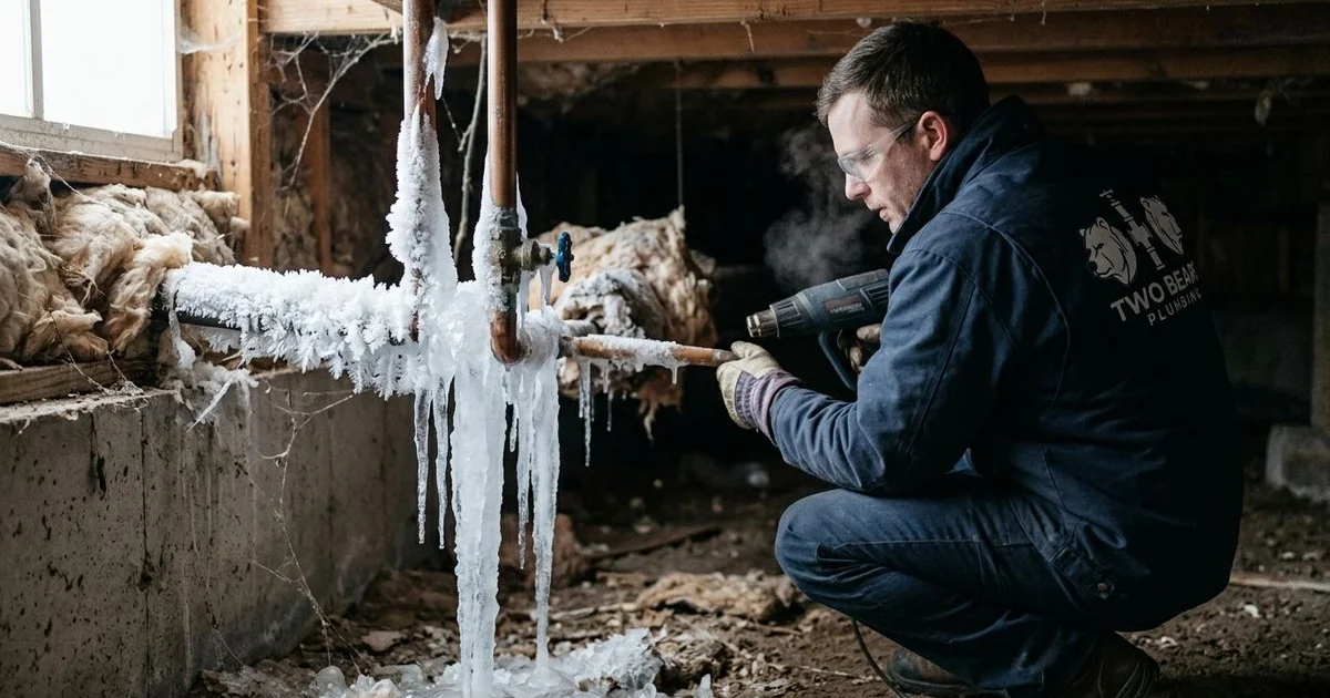 Frozen pipe with frost buildup in an Aurora, CO home during winter