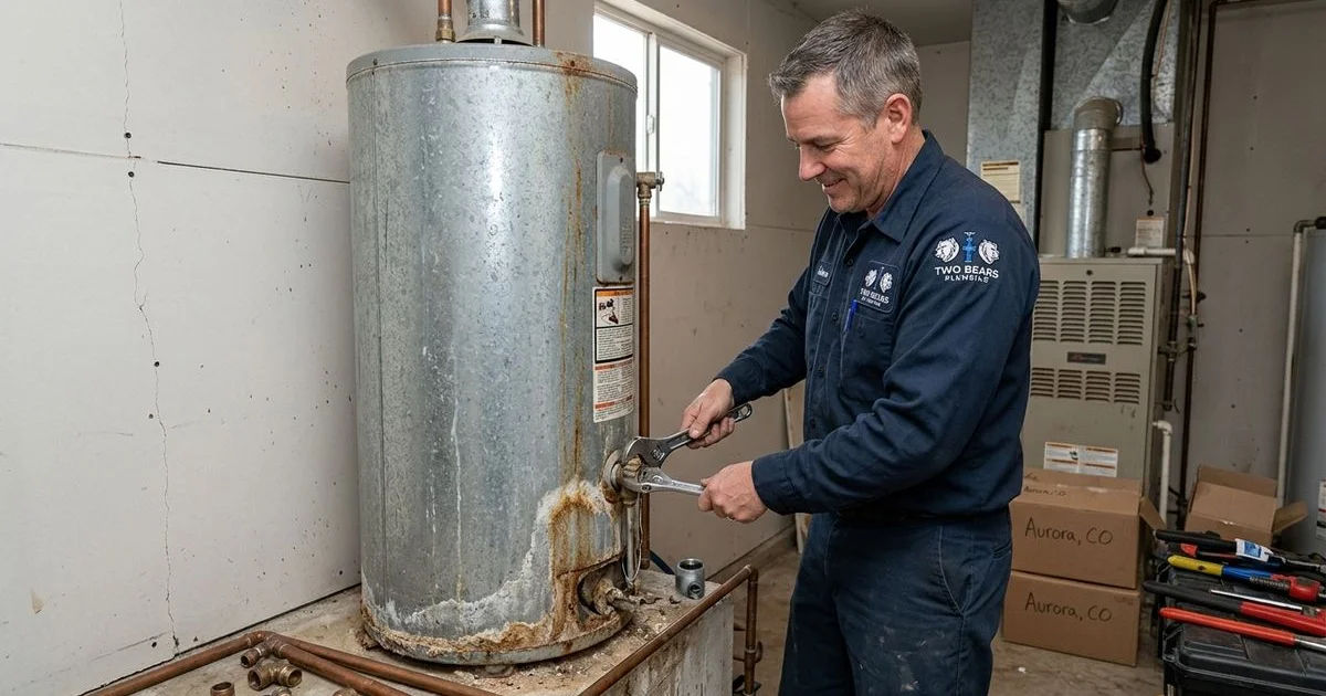 Old tank water heater with rust stains at the base in an Aurora, CO home utility room