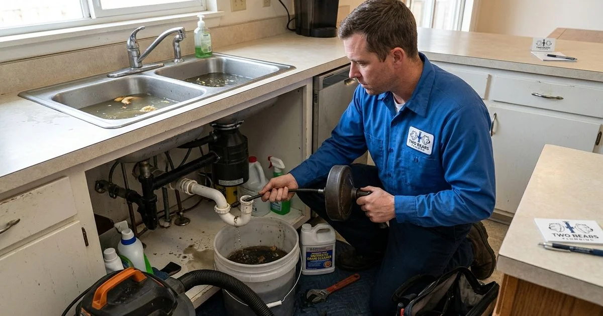 Plumber clearing a clogged kitchen sink drain with professional equipment in an Aurora home