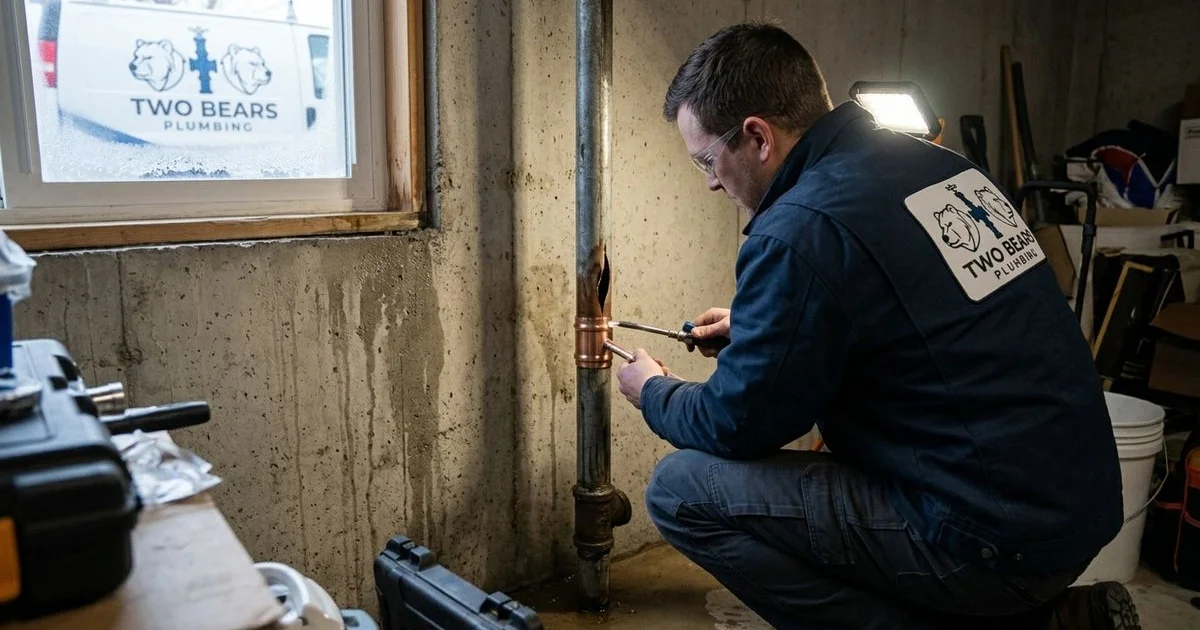 Plumber repairing a burst frozen pipe in an Aurora, CO home