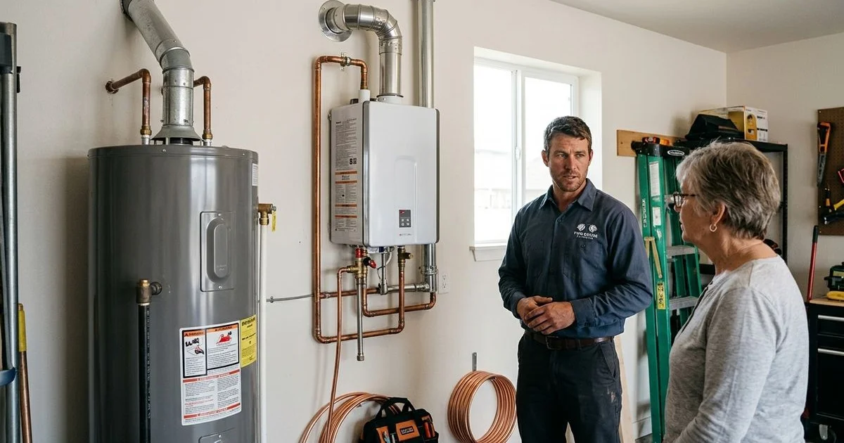 Side-by-side comparison of a tank water heater and a wall-mounted tankless unit